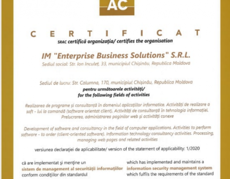 EBS Integrator a implimentat sistemul de management al securitații informației EN ISO/IEC 27001:2017